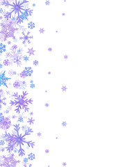 Hand drawn watercolor lilac and blue snowflakes postcard frame border. Winter Illustration isolated on white background. Can be used for postcard, invitation and other printed products