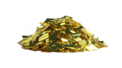 Shiny gold confetti pile, metallic rectangular pieces, festive decoration for celebration, party, or event, isolated on transparency background, cheerful and vibrant mood