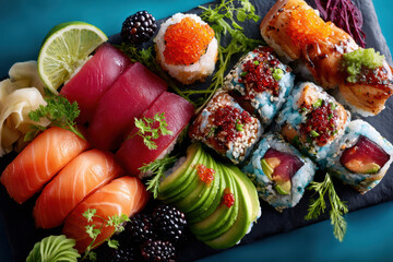 Colorful sushi platter featuring various sushi rolls and fresh seafood on blue background