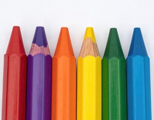 Crayons row, colorful, sharpened, on white