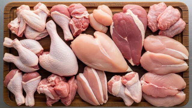 Assorted raw chicken cuts on wooden board
