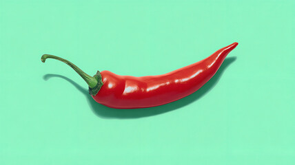 Fresh Chili Pepper Floating on Teal Background, Minimal Food Concept, Single Red Chili Pepper Close Up.