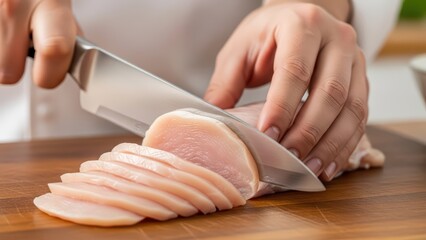 Close-up of slicing raw chicken breast on cutting board with chef's knife