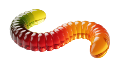 Vibrant multicolored gummy worm candy isolated on transparent background