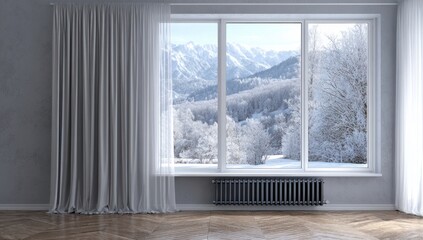Winter's Embrace: A picturesque view from a window reveals a serene winter landscape, showcasing a snow-covered forest, mountain range, and a peaceful ambiance.