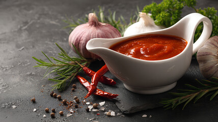 Homemade spicy tomato sauce with ingredients for making on a light slate, stone o concrete background, Delicious tomato soup with aromatic spices and greens on a wooden table served for dinner Vegan.