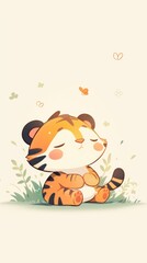 Fototapeta premium Cartoon tiger cub resting calmly in nature with butterflies and flowers illustration