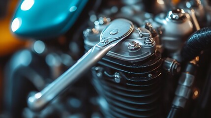 Motorcycle Engine Repair Wrench Closeup.