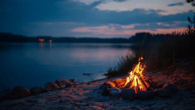 Bonfire on a sandy shore at twilight with a lake and dark sky - Powered by Adobe
