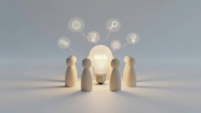 Business team of wooden figures standing around a glowing lightbulb with the word idea, symbolizing creative thinking, teamwork, innovation, and successful problem solving on a white background