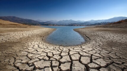 A lakebed has dried up, revealing large cracks in the earth. The water level is low, and a small stream flows through the cracks. Mountains are visible under a clear sky