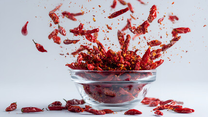 Chilli powder isolated on white background, Red hot chili pepper, Dried red chilli peppers in a bowl, Red hot chili peppers in a glass bowl on a white background.

