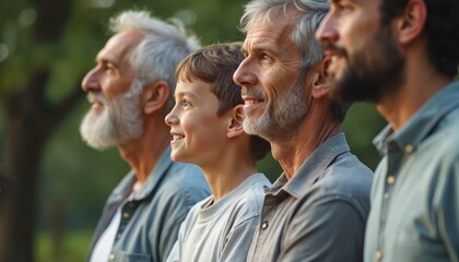 Three generations of caucasian men stand in row looking into distance. Happy boy with father, grandfather, great-grandfather smiles together outdoors. Male family lineage unity, continuity, support,