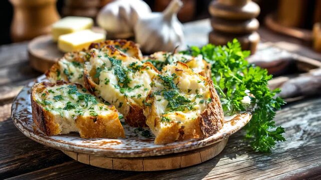 Delicious garlic bread with parsley on a rustic plate next to fresh ingredients and a wooden table