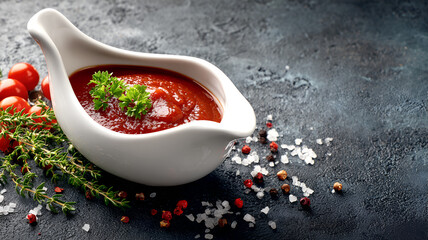 Homemade spicy tomato sauce with ingredients for making on a light slate, stone o concrete background, Delicious tomato soup with aromatic spices and greens on a wooden table served for dinner Vegan.