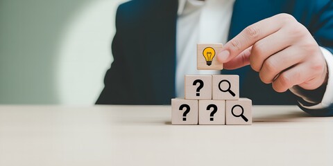 Businessman places lightbulb cube on pyramid of question marks and magnifying glasses