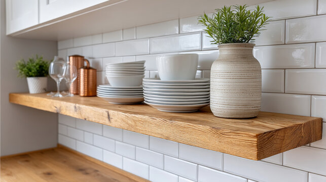 Modern kitchen design with floating open shelving and stylish decor - Powered by Adobe