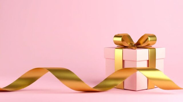 A pastel pink gift box with a gold ribbon, featuring a bow and flowing around on pink background