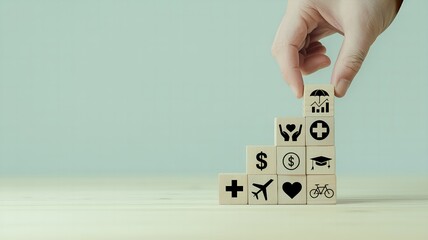 Hand Stacking Wooden Blocks with Icons Representing Life Goals and Investments