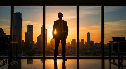 Fototapeta na wymiar A businessman standing in front of large office window with sunset in the background.