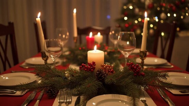Elegant Christmas dinner table setup with candles, pine branches, and festive decorations. Soft warm lighting creates a luxurious and cozy holiday dining atmosphere. Suitable for restaurant promos, li