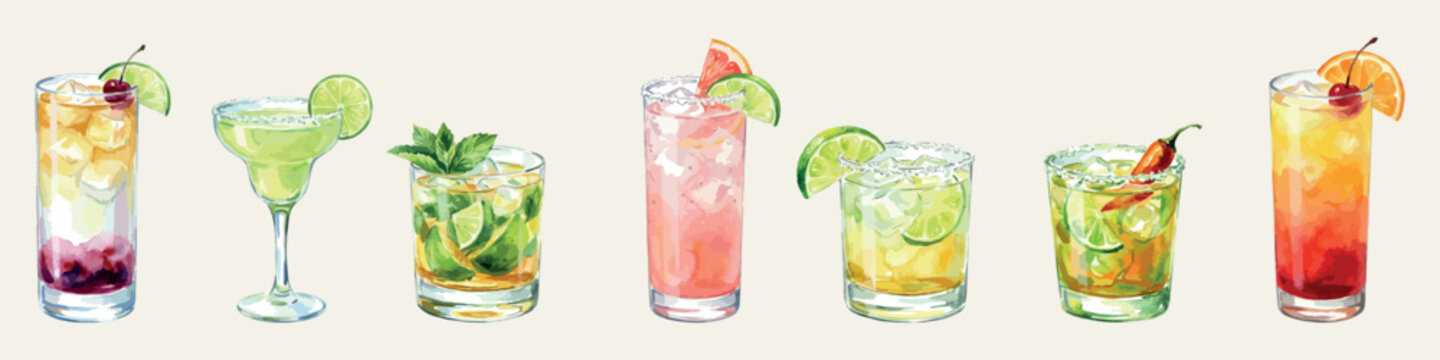 Watercolor tequila cocktail set, isolated vector illustrations with margarita and popular bar drinks