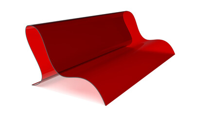 Sleek transparent red wavy acrylic bench with fluid organic curves in minimalist modern design. 3D render