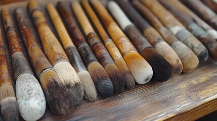 Paint Brushes Row of various art brushes with wood background.