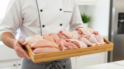Chef holding tray of raw chicken cuts in modern kitchen