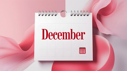 December Calendar's Aesthetics: A calendar page with December elegantly displayed. Surrounded by soft, flowing fabrics in shades of pink, invoking a sense of calm and anticipation.