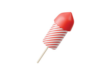 3d red striped rocket firework icon. celebration party concept. minimal cartoon firecracker rocket for holiday banner. isolated on white background. 3d render.