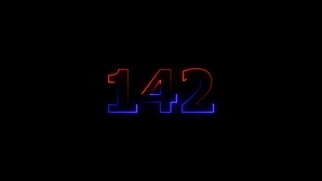 Neon glowing text 142 number icon on a black background animation.  glowing green and purple neon 142 number. 4k video.