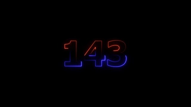 Neon glowing text 143 number icon on a black background animation.  glowing green and purple neon 143 number. 4k video.