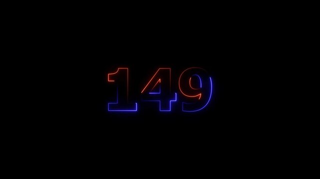 Neon glowing text 149 number icon on a black background animation.  glowing green and purple neon 149 number. 4k video.