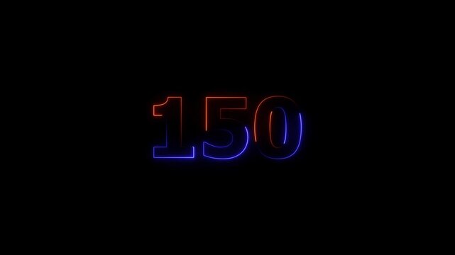 Neon glowing text 150 number icon on a black background animation.  glowing green and purple neon 150 number. 4k video.