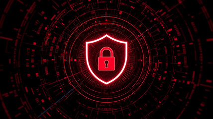 Glowing Red Shield and Padlock Icon on a Dark Digital Background, Symbolizing Robust Cybersecurity, Data Protection, and Anti-Malware Defense for IT Security Banners and Threat Reports