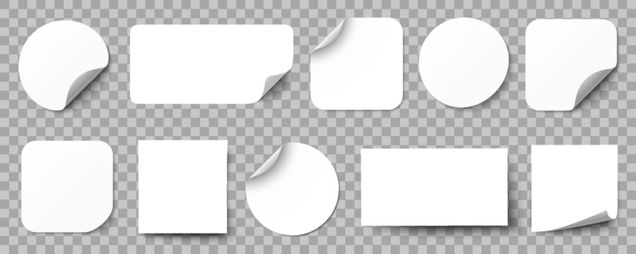 White stickers set. Paper sticky notes mockup with curled corners. Round stickers with peeling corner and shadow. Adhesive blank sticker
