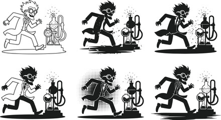 Mad scientist running away from exploding chemistry experiment lab flask reaction.