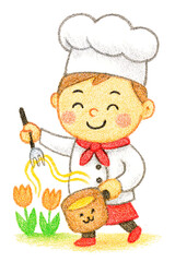 Happy Little Chef Playing with Noodles and Flowers
