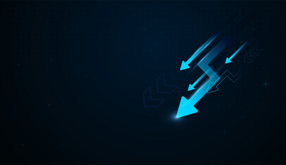 A Falling arrows cuts through the dark, illustrating bold leadership and ambitious financial goals. with light blue arrows soaring Downward, symbolizing powerful finances