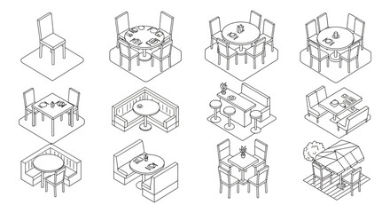 Fototapeta premium restaurant and cafe furniture isometric illustrations depicting diverse dining layouts with tables chairs and booths for hospitality design.