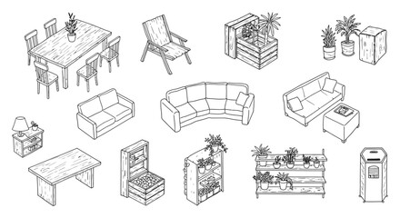 Naklejka premium minimalist line art illustrations of home furniture sofas tables chairs and potted plants ideal for interior design and ui kit concepts.