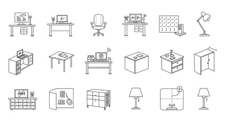 minimalist line icons of smart office home furniture technology devices and interior elements for modern designs.