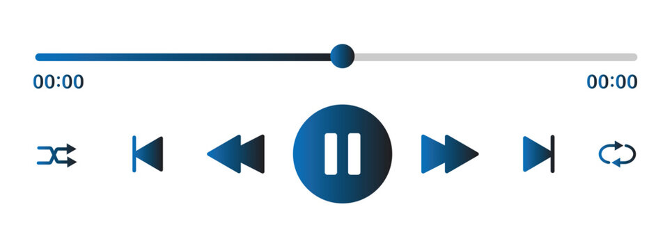 Audio or video player progress loading bar with time slider, play, rewind buttons. Simple template of media device playback panel interface. Minimalist web display. White light theme