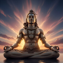 Lord Shiva meditating with sunset background 