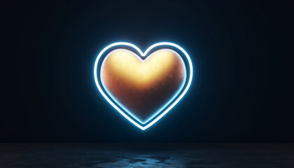 Gold neon heart light floating over matte black scene, cinematic romantic glow, illuminated love symbol, modern minimal design, dreamy atmosphere