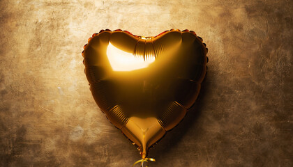Golden heart shaped balloon floating against metallic gold wall, soft vignette, luxury party decoration, romantic celebration, festive atmosphere, shiny surface, elegant mood