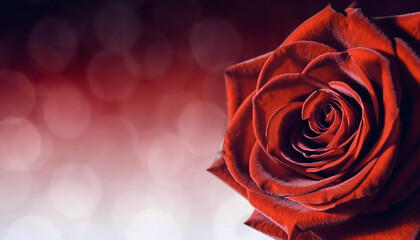 Red rose closeup macro heart swirl soft red gradient bokeh left side blank space romantic floral love nature background