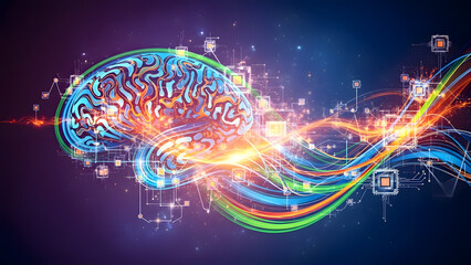 Brain with digital connections and light trails