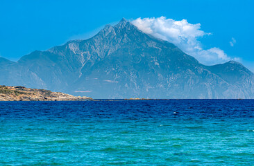 Holy Mount Athos seen from Sykia Beach on the Sithonia Peninsula, Chalkidiki, Greece